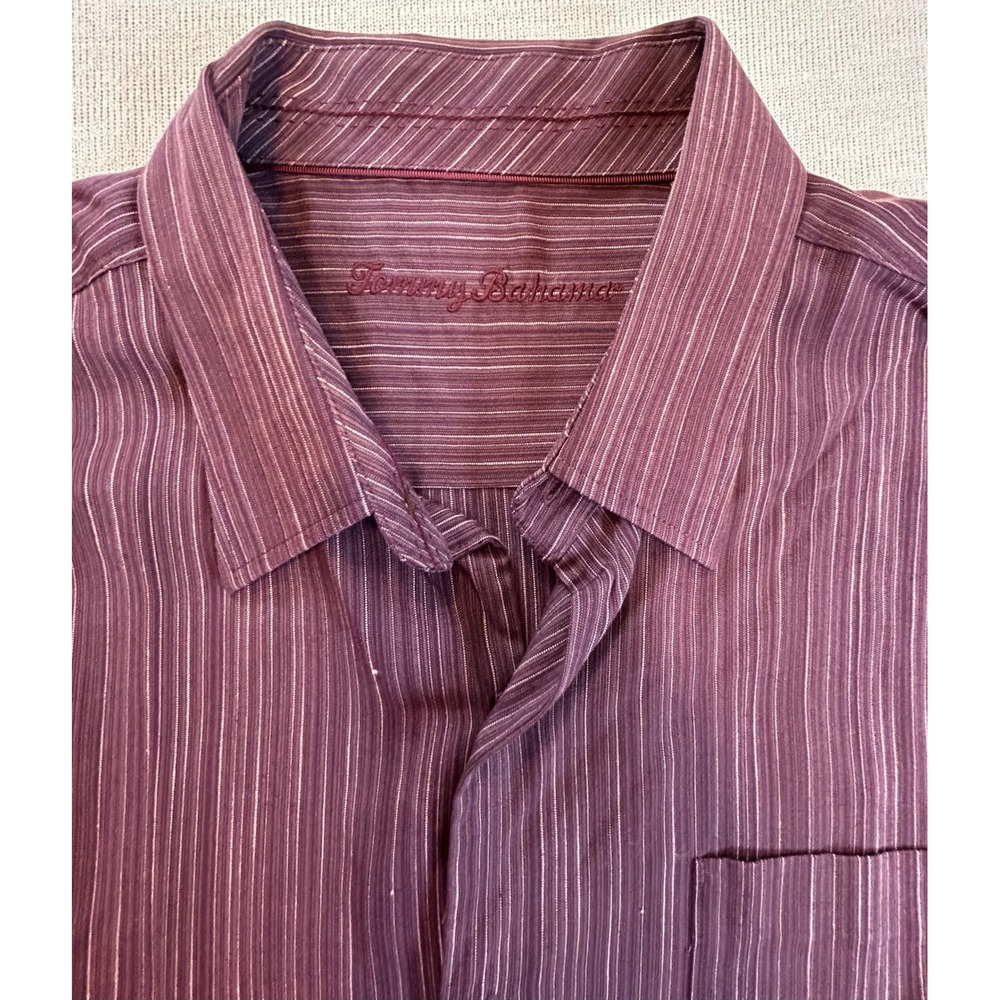 Tommy Bahama Mens Burgundy Stripe Long Sleeve Button Down Shirt XL Tencel Cotton